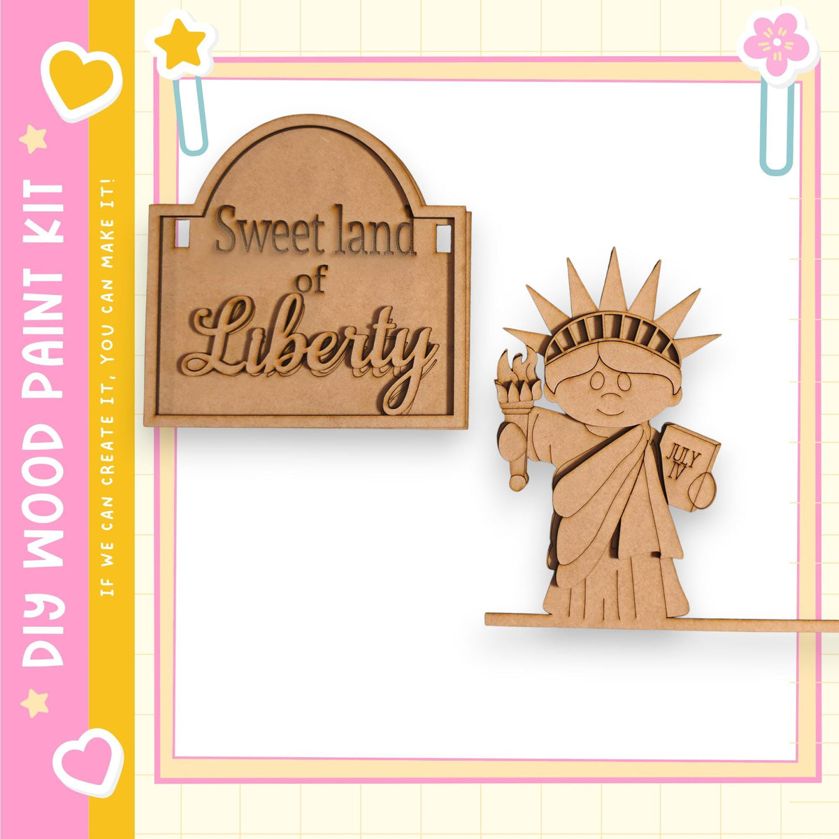 a wooden cutout of the Statue of Liberty, along with a wooden sign that reads "Sweet land of Liberty".