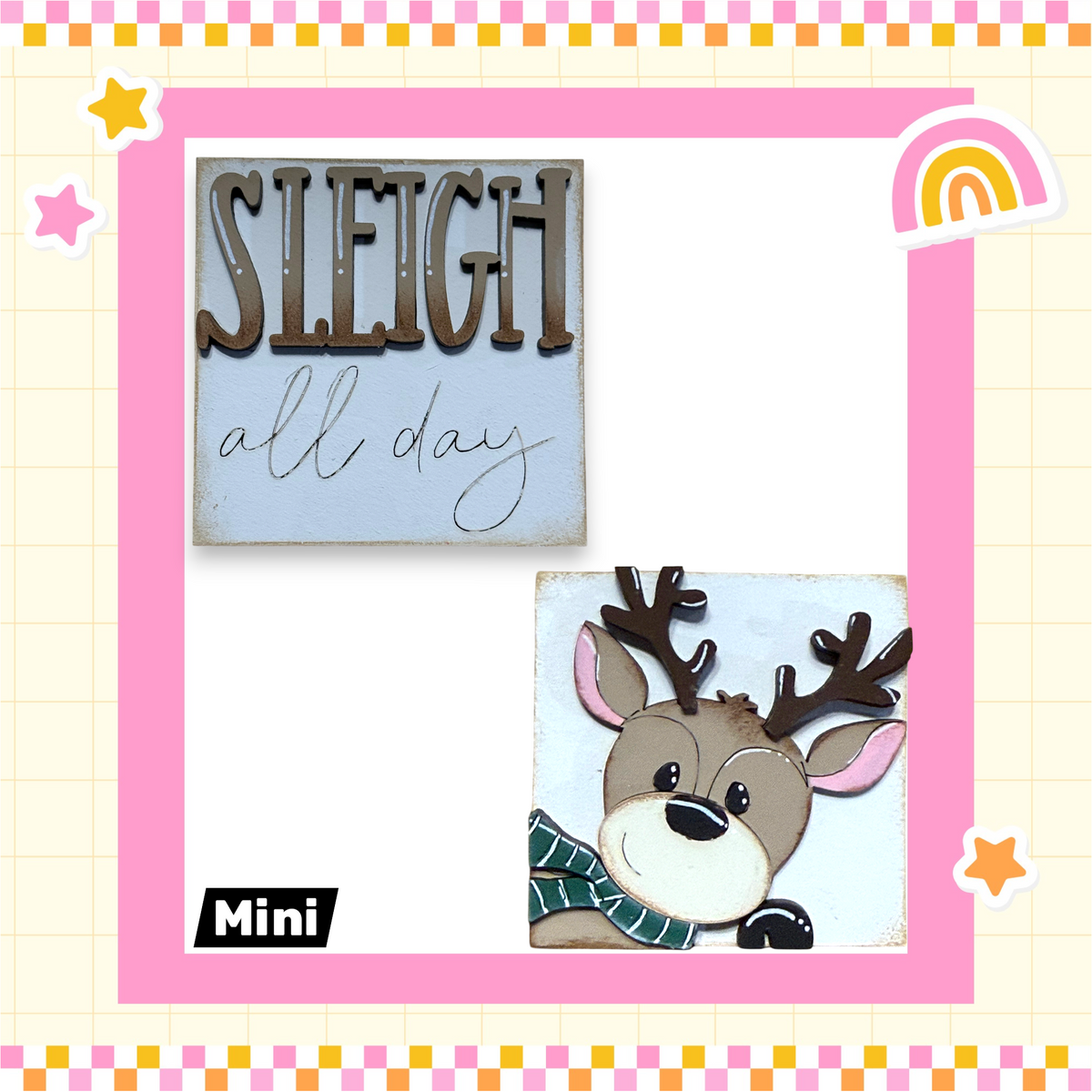 The image is a collage featuring a decorative sign with the word "Sleigh" and a picture of a smiling reindeer.
