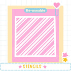 The image is a pink and white striped square with the word "Re-useable" written above it. The image also includes a heart and stars, and the word "STENCILS" is written at the bottom.