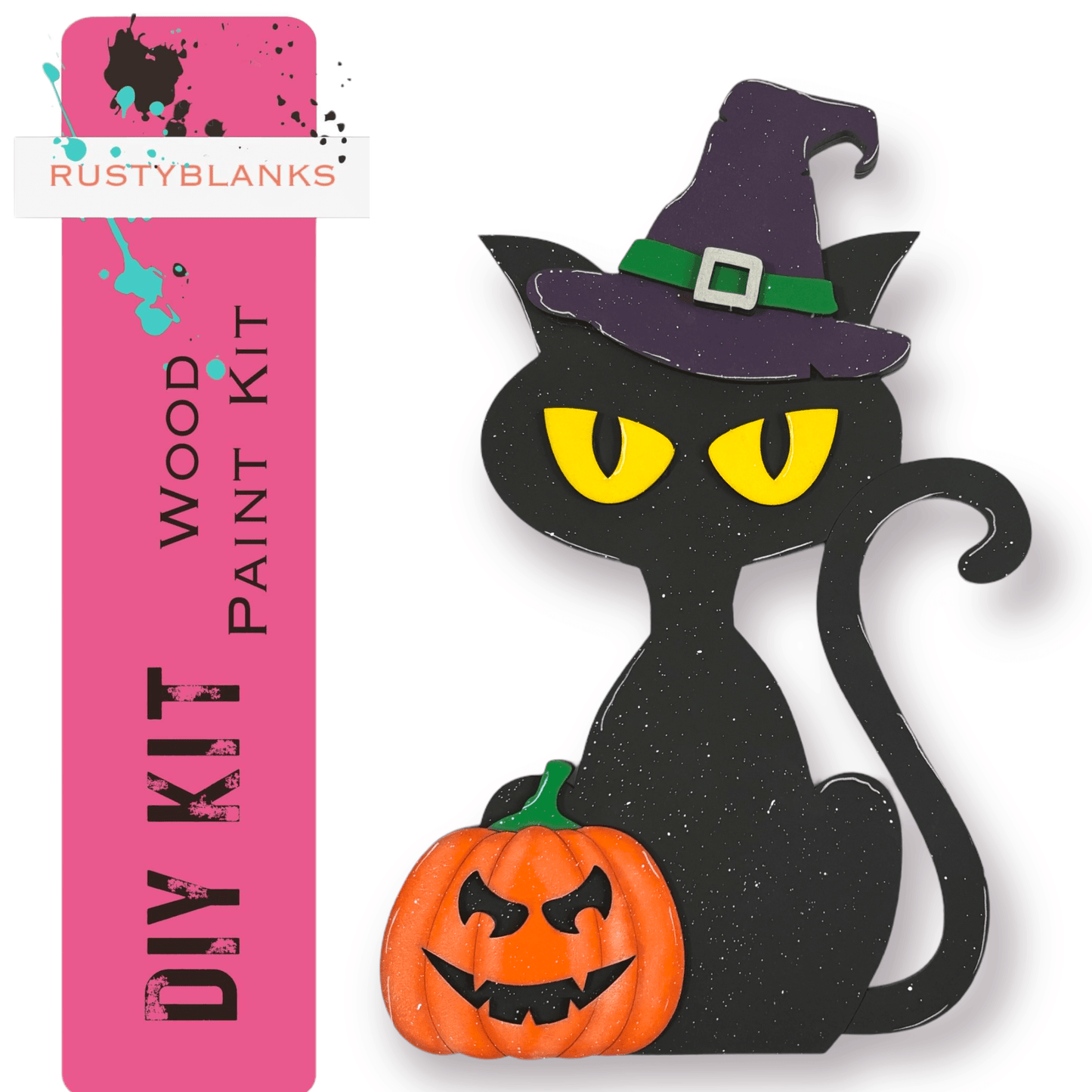 a black cat wearing a witch hat and holding a jack - o - lantern