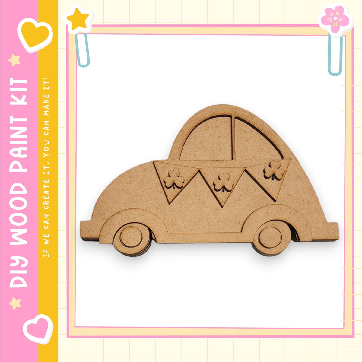A wooden car-shaped object is displayed against a pink and yellow background, with a text box containing the text "My Wood Paint Kit" and a heart symbol.