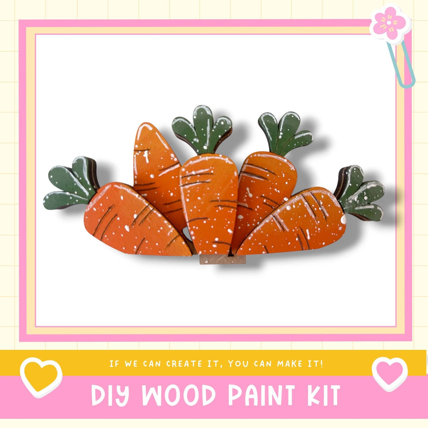 a DIY wood paint kit, with a focus on a wooden carrot decoration.