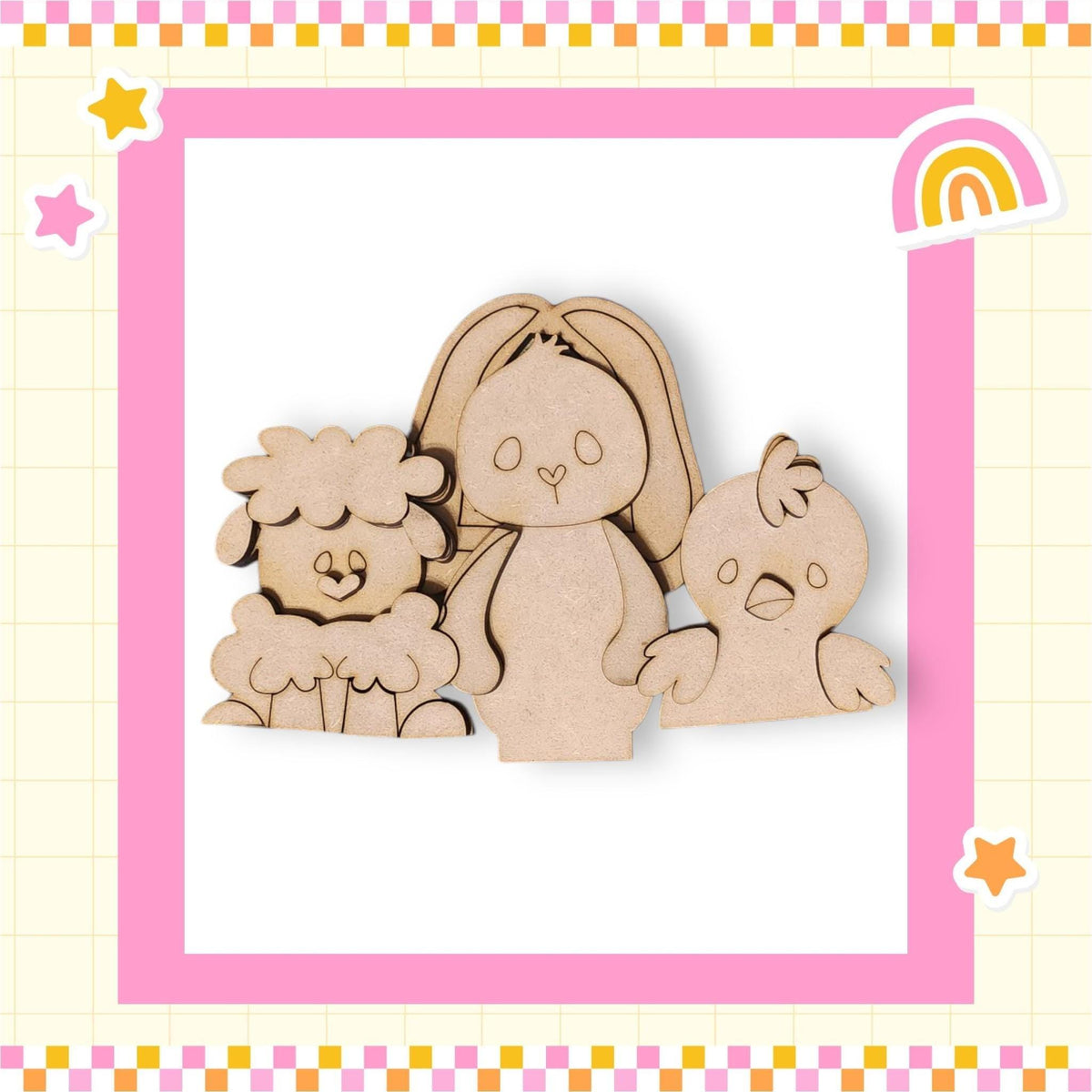 a wooden cutout of a family of bears
