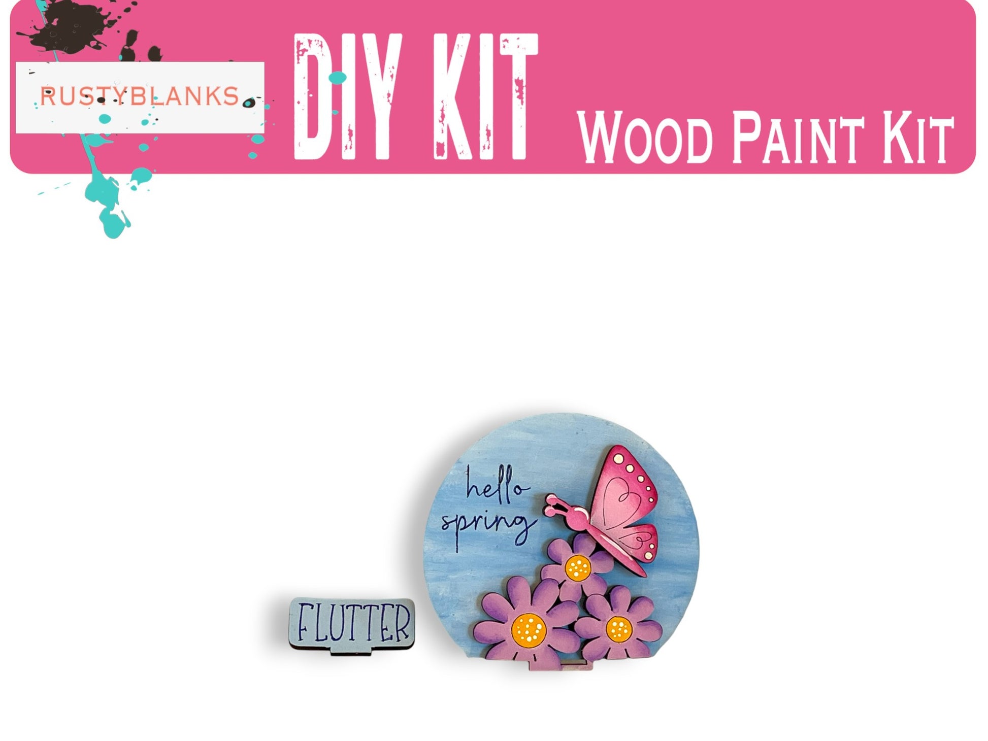 The image is a pink and white DIY kit for a wood paint kit, featuring a butterfly and flowers.