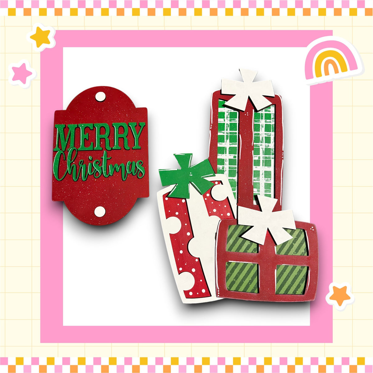 a festive Christmas scene with a red sign that says "Merry Christmas" and several gift-shaped objects with bows, all set against a pink and yellow checkered background.