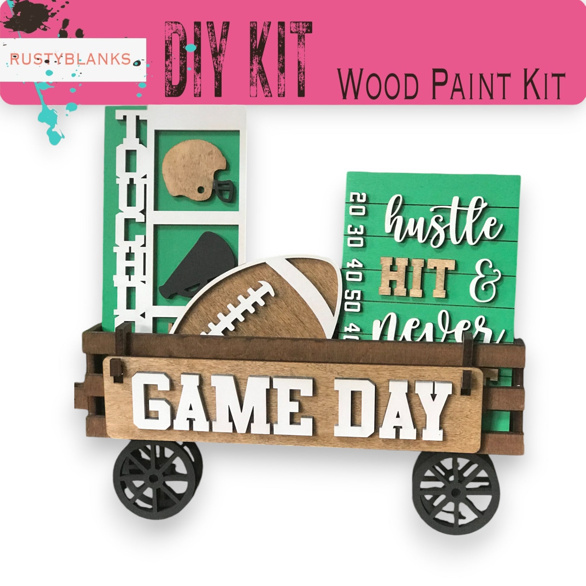 a wooden craft kit with a football theme