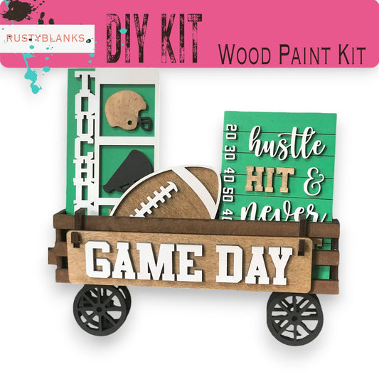 a wooden craft kit with a football theme