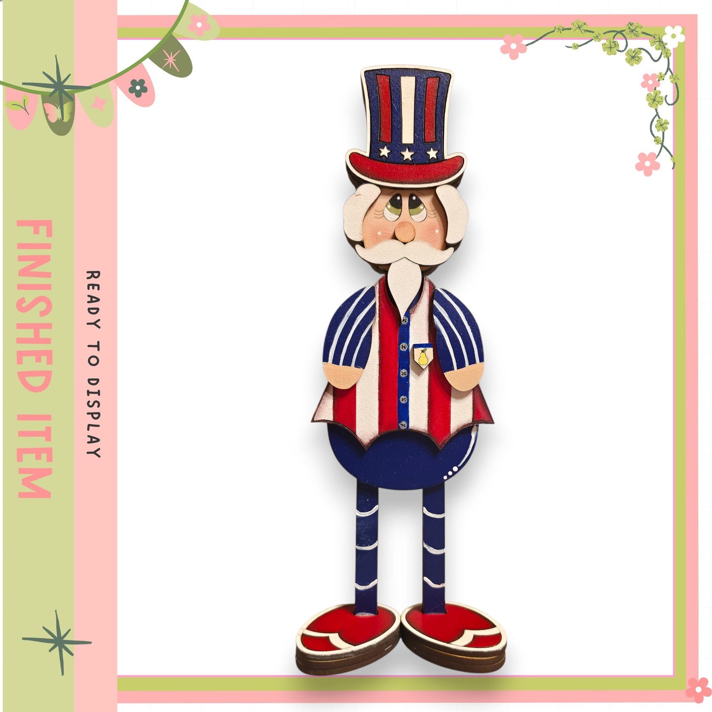 A wooden cutout of Uncle Sam, a popular American cartoon character, wearing a top hat and standing in a patriotic pose.