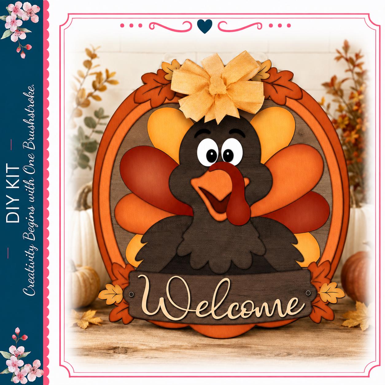 A wooden turkey sign with a welcoming message, surrounded by autumn leaves and pumpkins, creating a festive atmosphere.