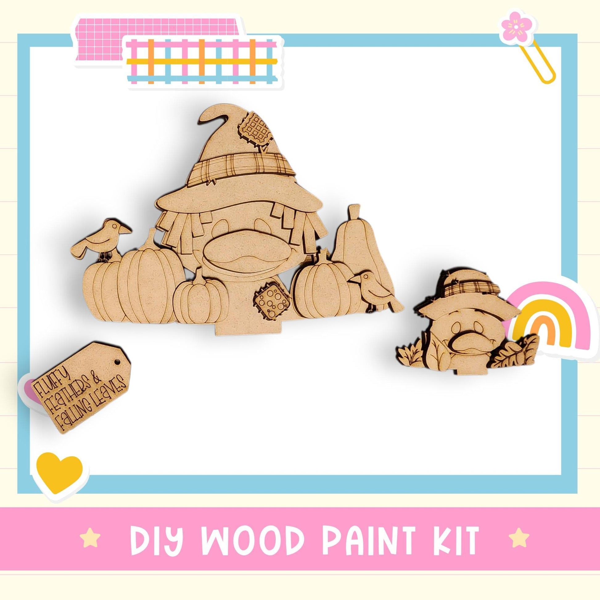 The image is a DIY wood paint kit featuring a wooden gnome and various autumn-themed elements such as pumpkins and leaves.