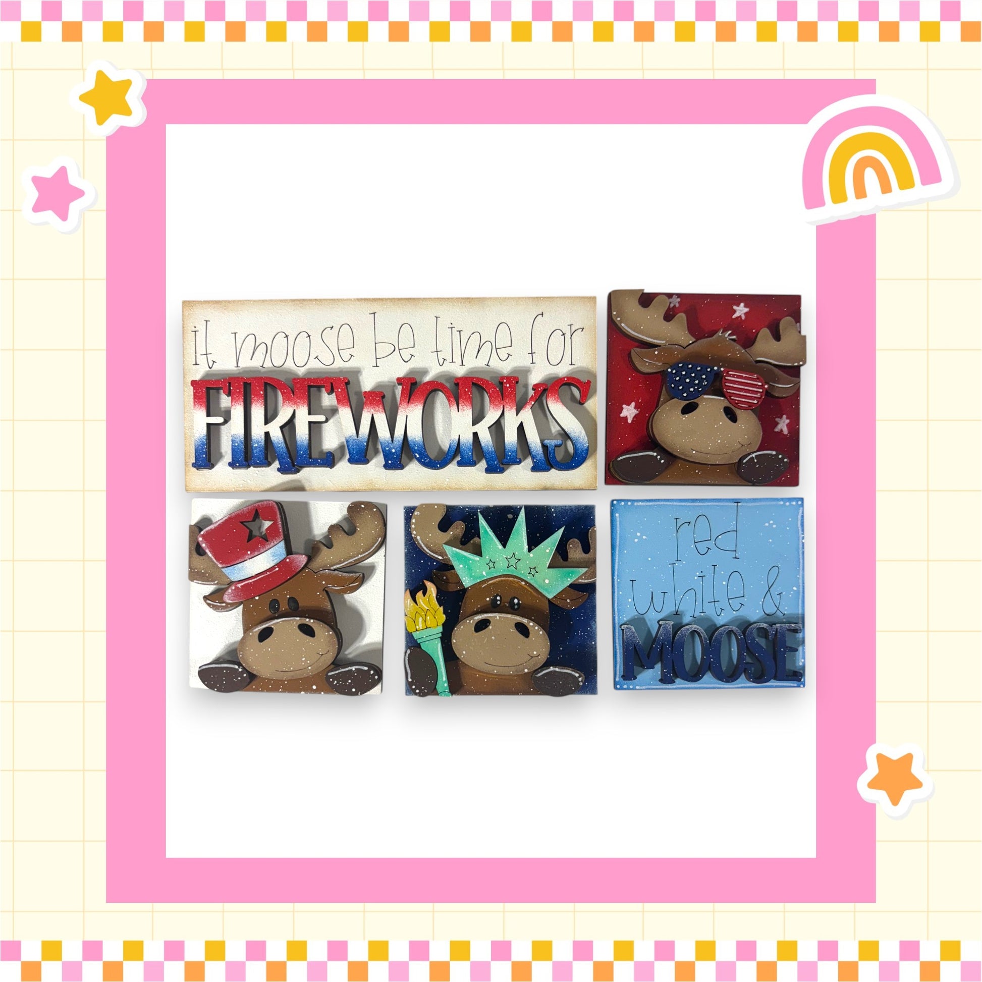 The image is a collage of four images featuring moose heads, with a pink border and a rainbow-colored border.