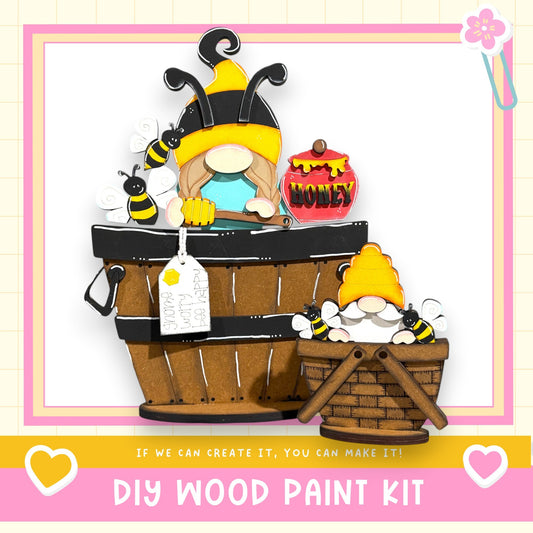 A DIY wood paint kit featuring a gnome and a beehive, with the text "If we can create it, you can make it!"