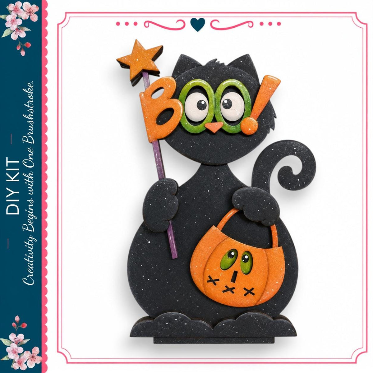 A black cat holding a star and a carved pumpkin, with the word "B" and a surprised expression on its face.