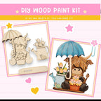 a picture of a wooden craft kit with a picture of a girl with an umbrella