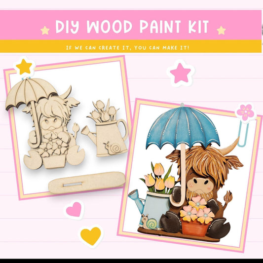 a picture of a wooden craft kit with a picture of a girl with an umbrella