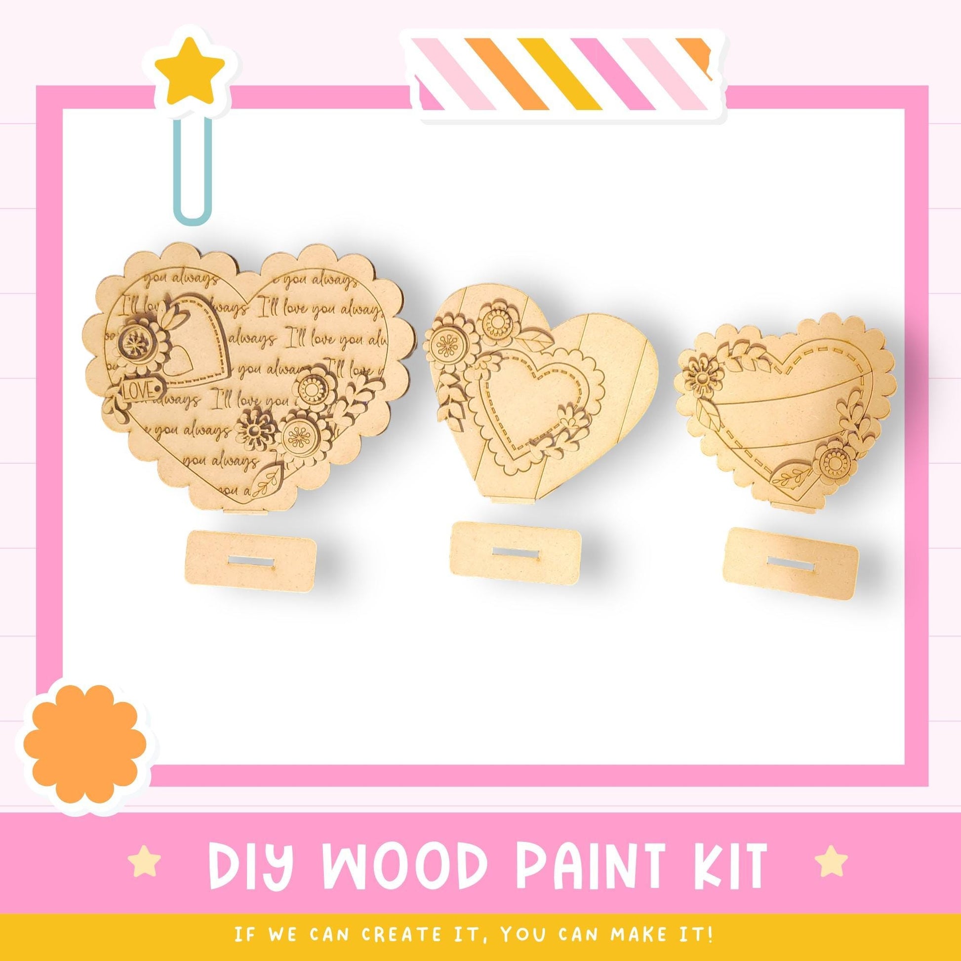 three wooden heart-shaped decorations, each with a unique design and inscription, displayed on a white background within a pink and yellow frame.
