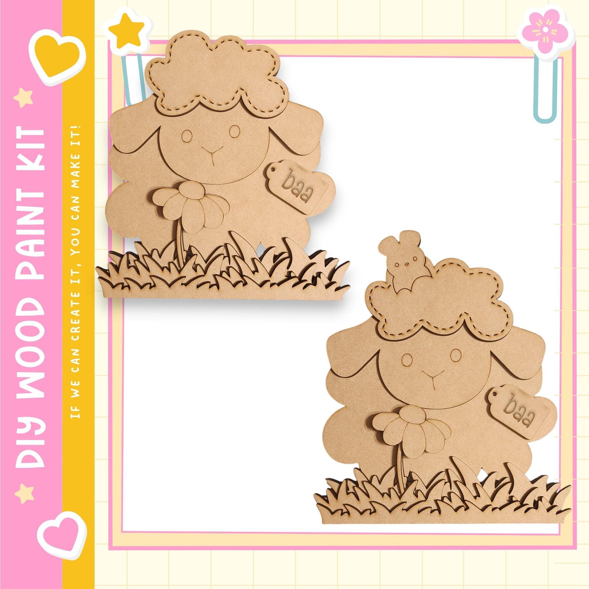 two wooden cutouts of sheep, each with a flower attached to its head. The sheep are positioned on a grassy surface, creating a charming and whimsical scene.