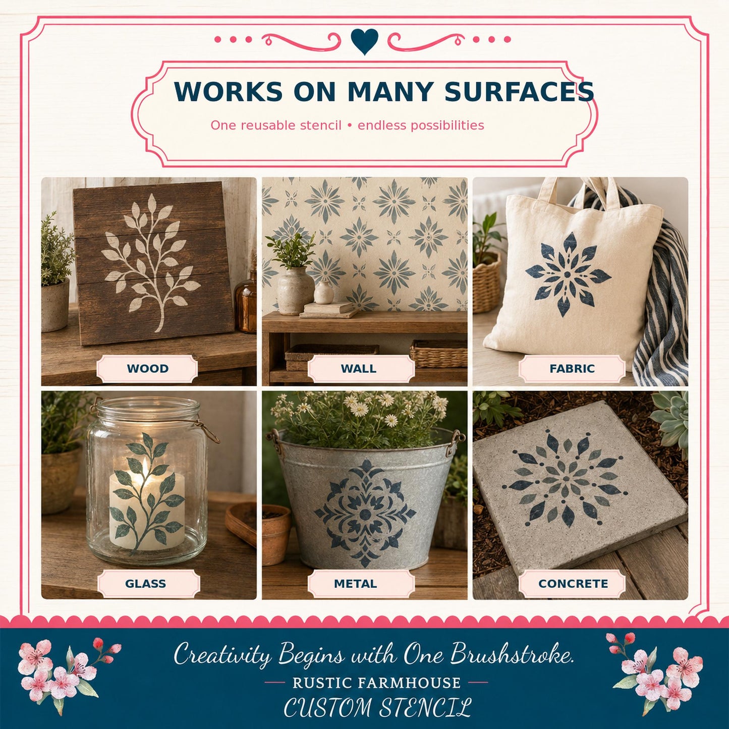 The image is a collage of six different images showcasing various creative uses of a reusable stencil, including a wooden frame, a wall, a fabric, a glass, a metal, and a concrete surface. The images demonstrate how the stencil can be used on different materials to create unique designs and patterns.