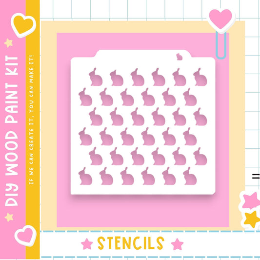 The image is a colorful and playful design featuring a grid of pink rabbit silhouettes against a pink background. The design includes various decorative elements such as hearts, stars, and a clip, creating a whimsical and visually appealing composition.