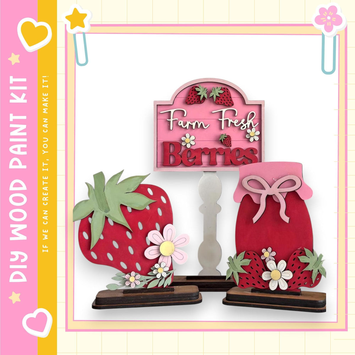a DIY paint kit for creating farm fresh berries, including a sign and two wooden berry-themed decorations.