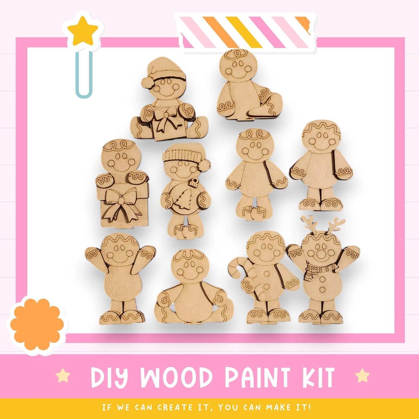 a DIY wood paint kit with various wooden figures, including gingerbread men, on a pink background.