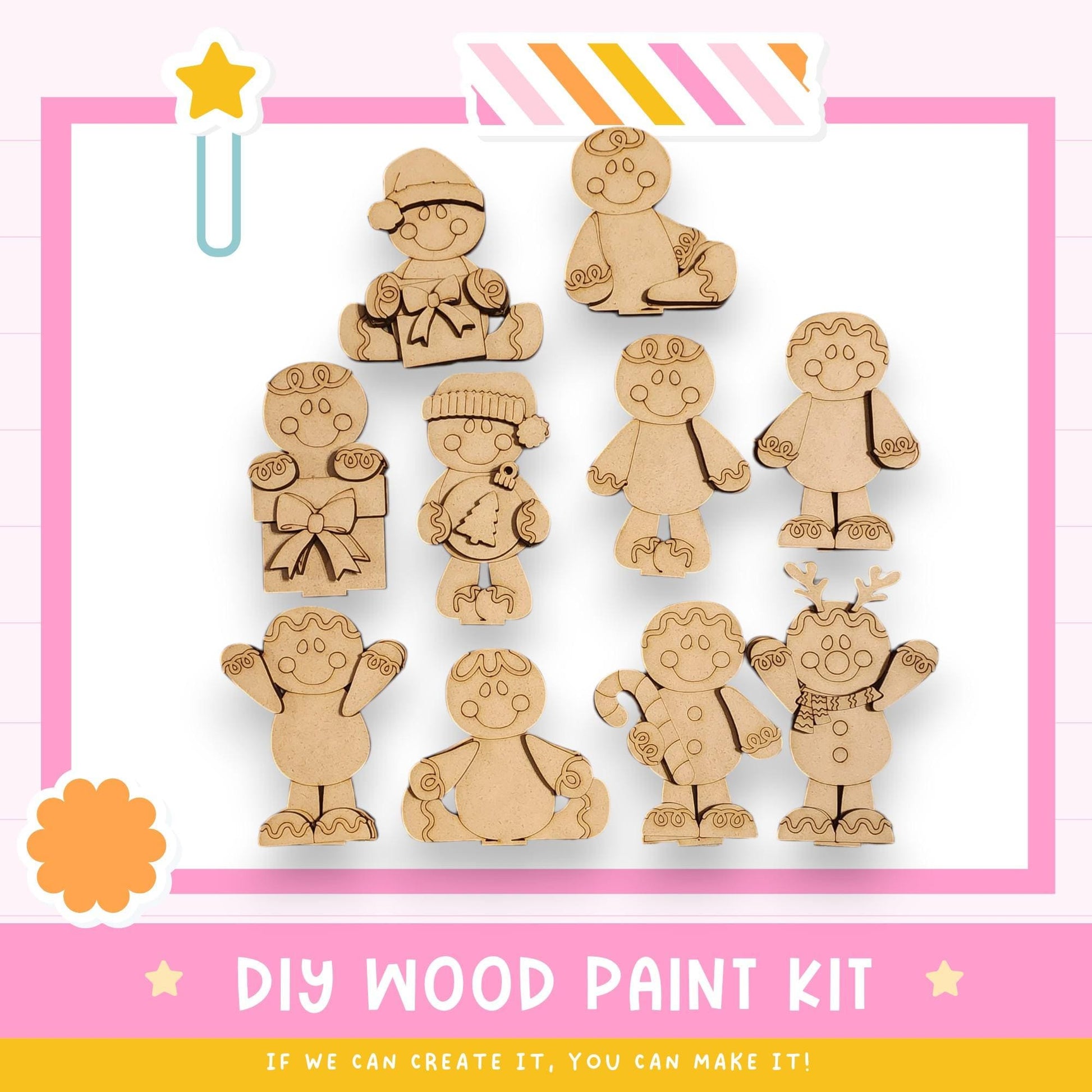 a DIY wood paint kit with various wooden figures, including gingerbread men, on a pink background.