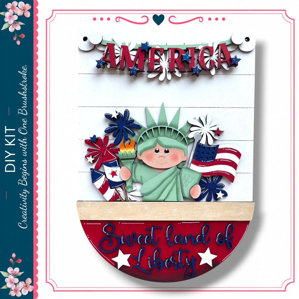 The image is a collage featuring a patriotic scene with the Statue of Liberty, American flags, and a banner that says "America".