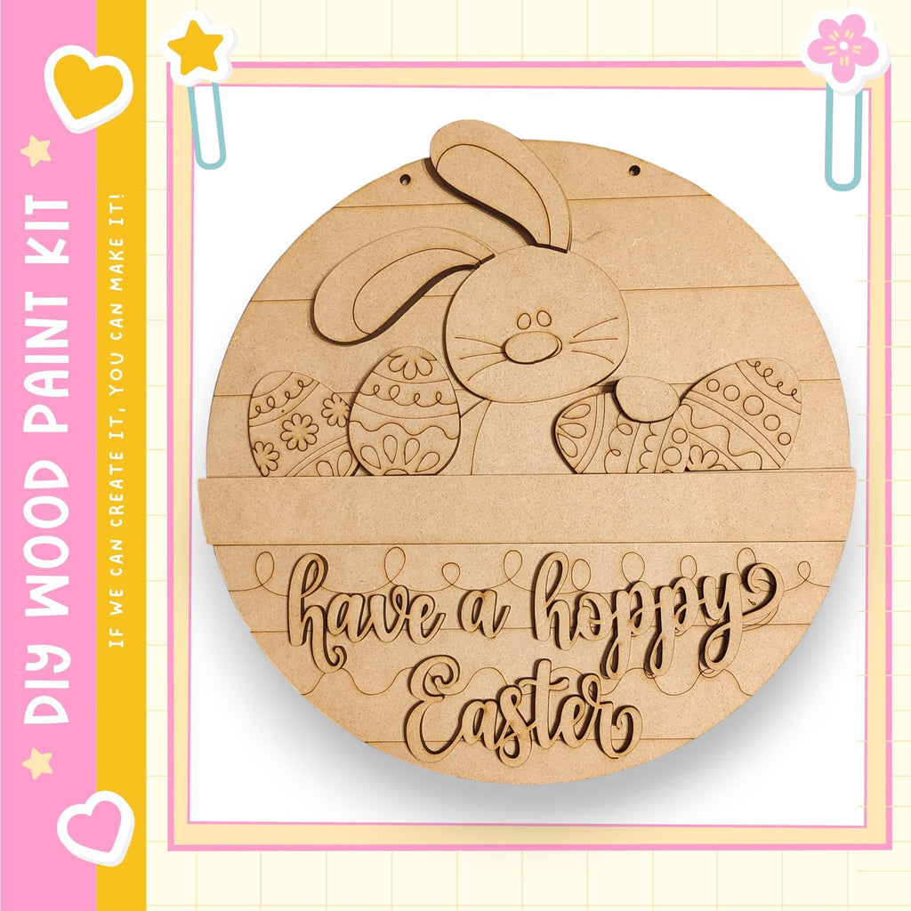 a wooden Easter-themed sign with a bunny and decorated Easter eggs. The sign has the text "Have a happy Easter" written on it.