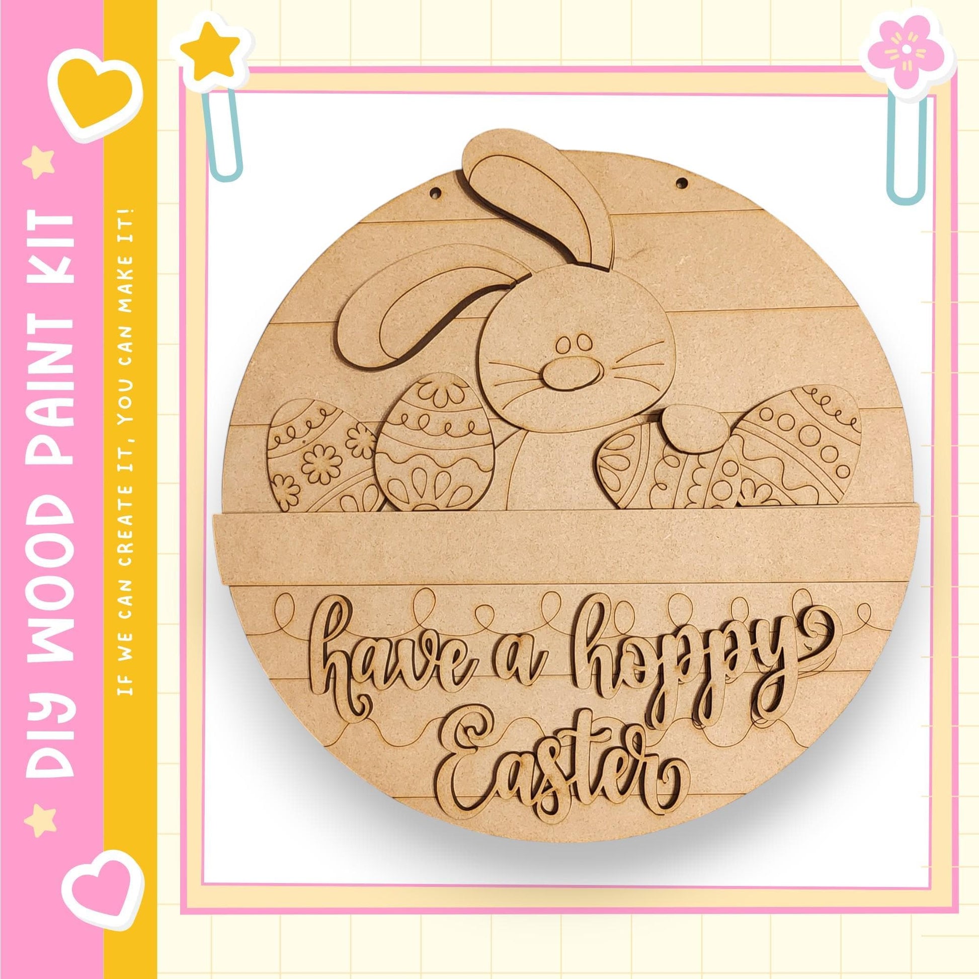 a wooden Easter-themed sign with a bunny and decorated Easter eggs. The sign has the text "Have a happy Easter" written on it.
