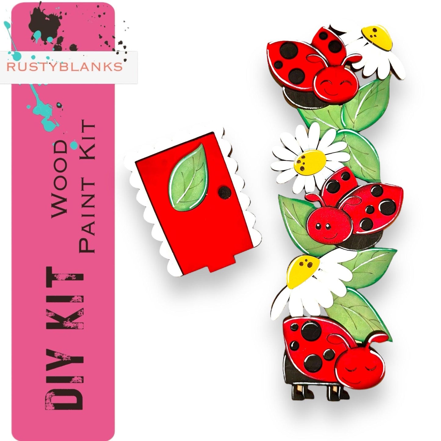 a ladybug and daisies design on a pink background