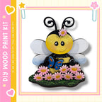 A cheerful painted bee with a flower on its head, surrounded by pink flowers, is depicted in the image.