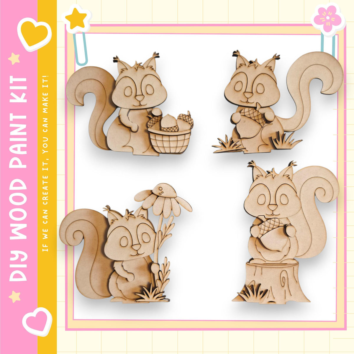 four wooden squirrel figures, each with different poses and accessories, arranged in a square frame.