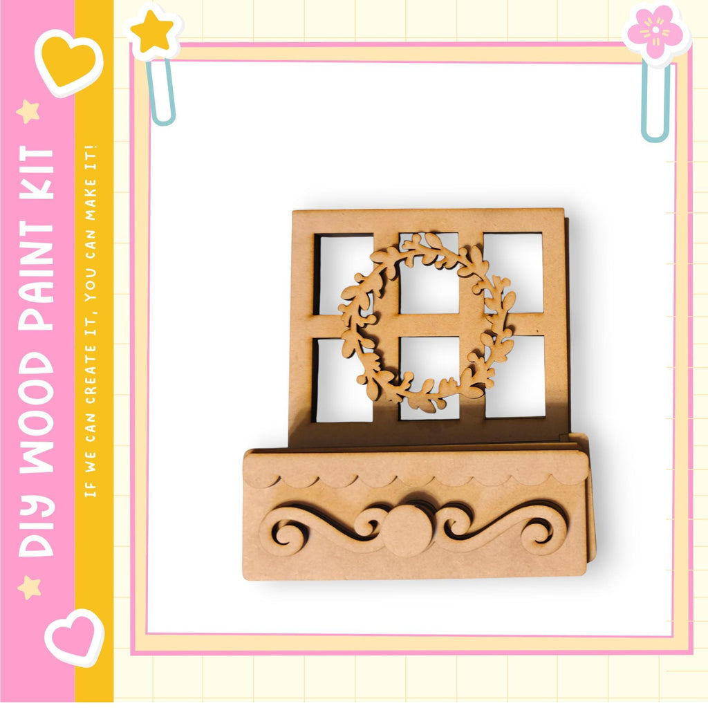 a wooden wreath and a wooden shelf, both of which appear to be part of a DIY paint kit.
