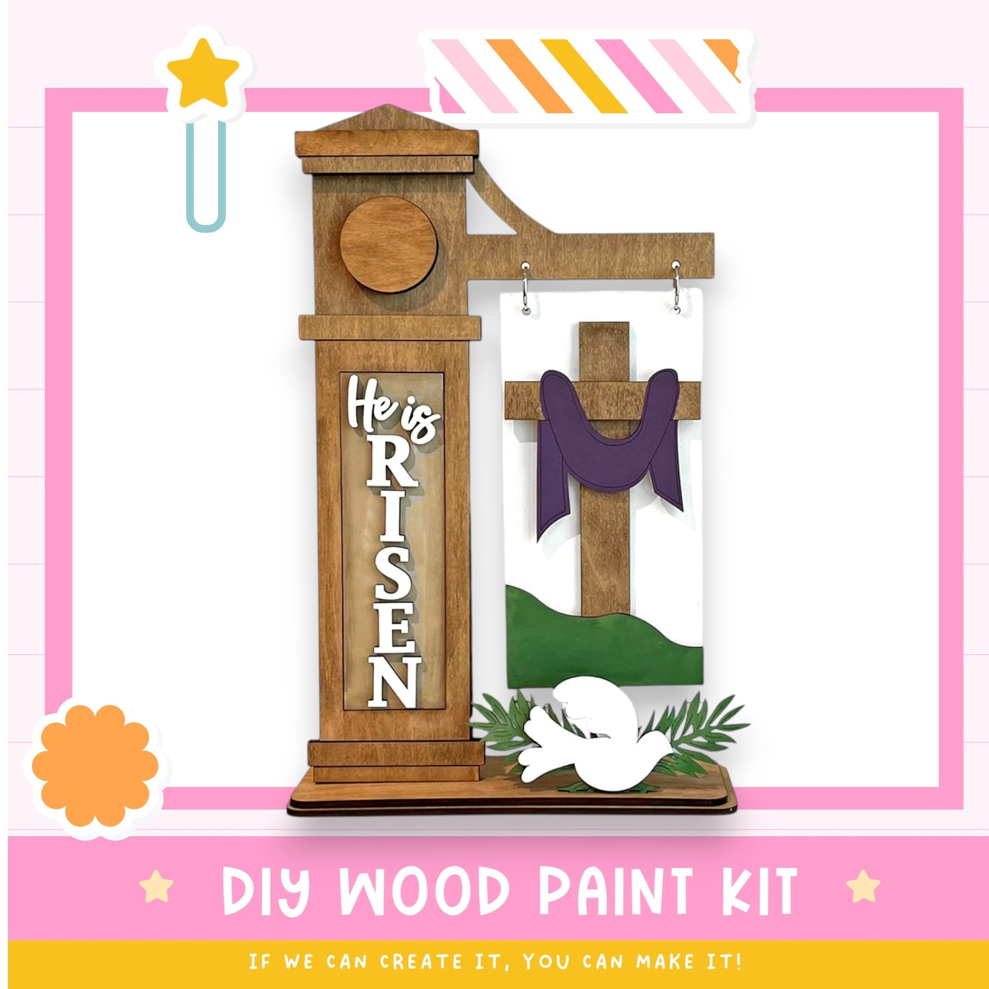 a wooden painting kit with a cross on it