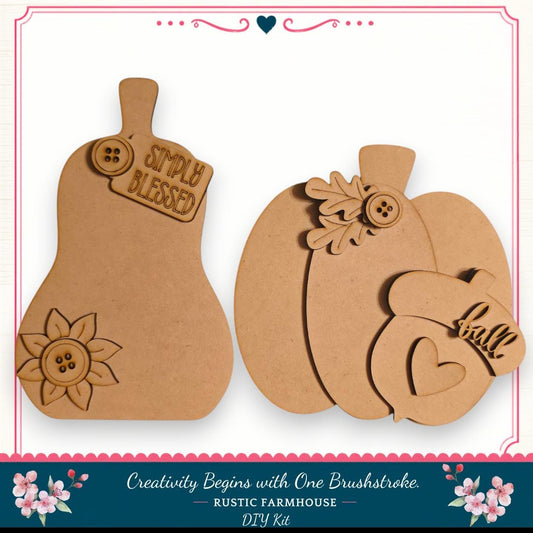 two wooden cutouts, one labeled "SIMPLY BLESSED" and the other labeled "FALL", both adorned with decorative elements such as buttons and leaves. The image is described as a "DIY Kit" for a "RUSTIC FARMHOUSE" and includes a floral border.