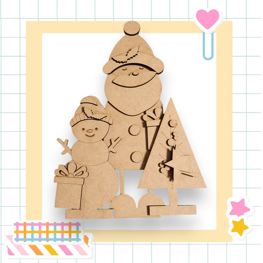 A cardboard snowman and a cardboard Christmas tree are depicted in the image, set against a grid background with various colorful stickers.