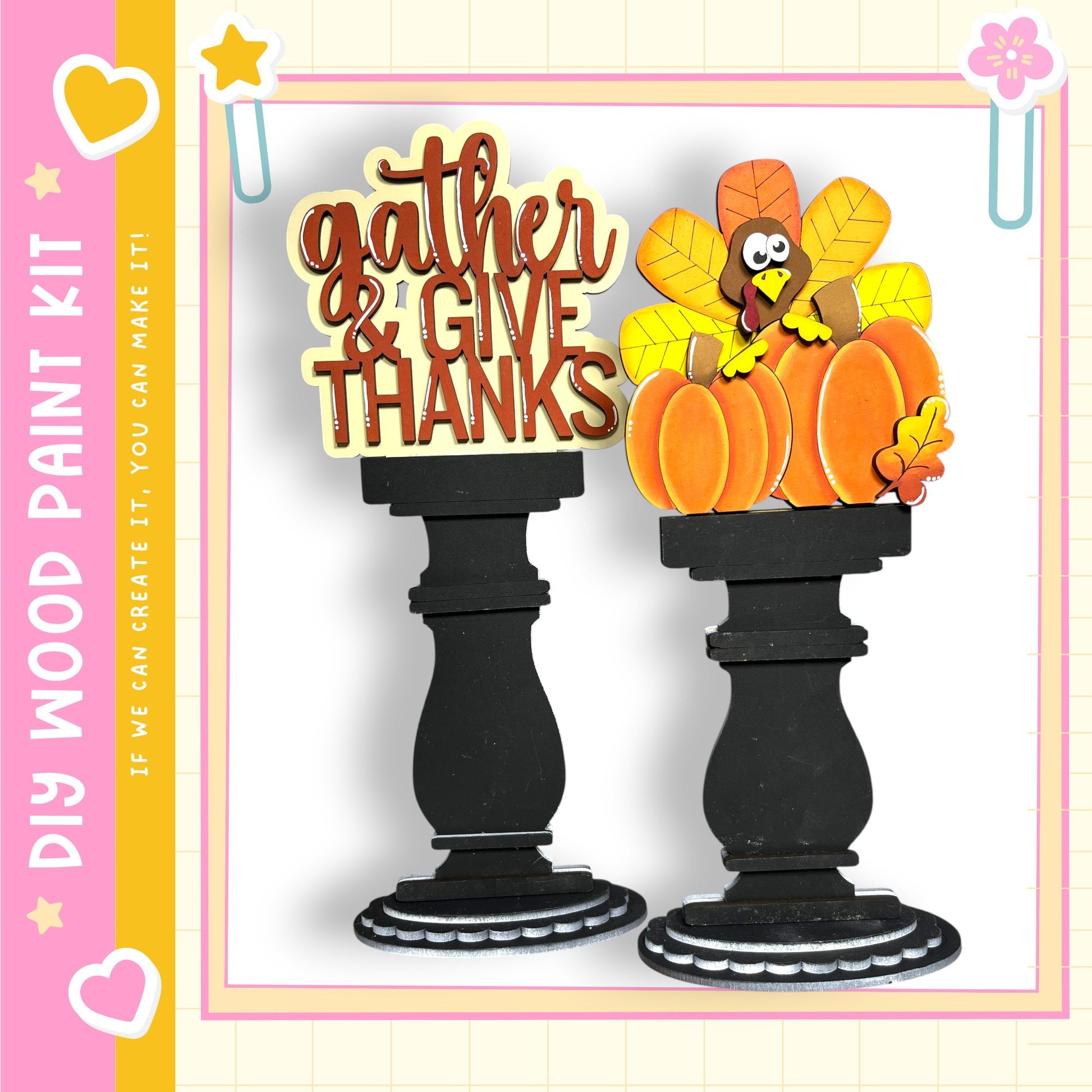 two black wooden stands with a turkey decoration on top, placed against a white background.