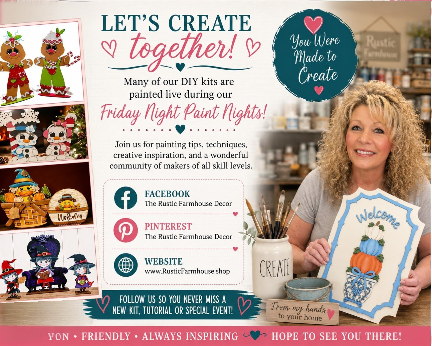 The image is a promotional poster for a DIY kit called "Friday Night Paint Nights" featuring a smiling woman holding a sign with a pumpkin and other fall-themed decorations. The poster includes text and images related to the DIY kit, such as a Facebook page, a Pintrest website, and a website for the Rustic Farmhouse Decor. The overall layout and design of the poster are visually appealing and inviting, encouraging viewers to join the DIY kit and create together.