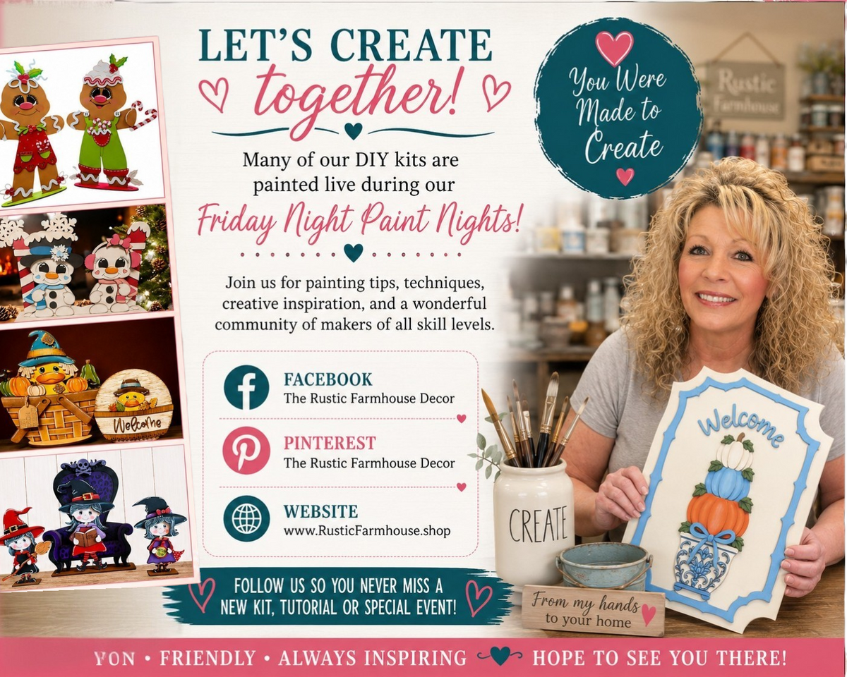 The image is a promotional poster for a DIY kit called "Friday Night Paint Nights" featuring a smiling woman holding a sign with a pumpkin and other fall-themed decorations. The poster includes text and images related to the DIY kit, such as a Facebook page, a Pintrest website, and a website for the Rustic Farmhouse Decor. The overall layout and design of the poster are visually appealing and inviting, encouraging viewers to join the DIY kit and create together.