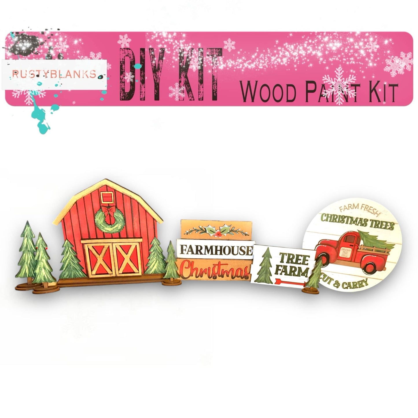 a wooden farm kit with a red truck and a red barn