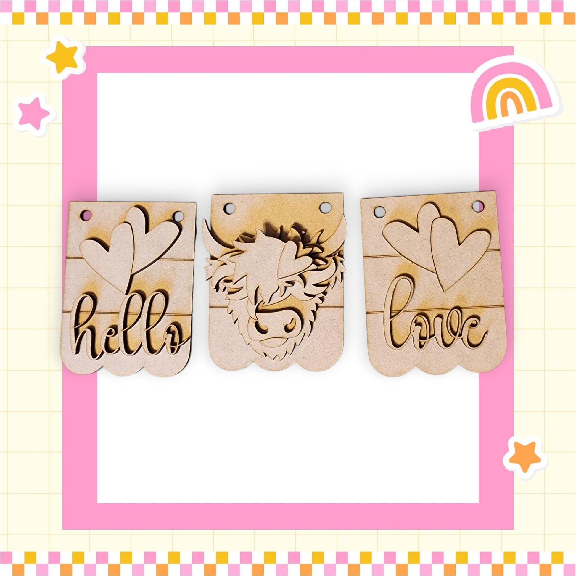 three wooden tags that say hello love