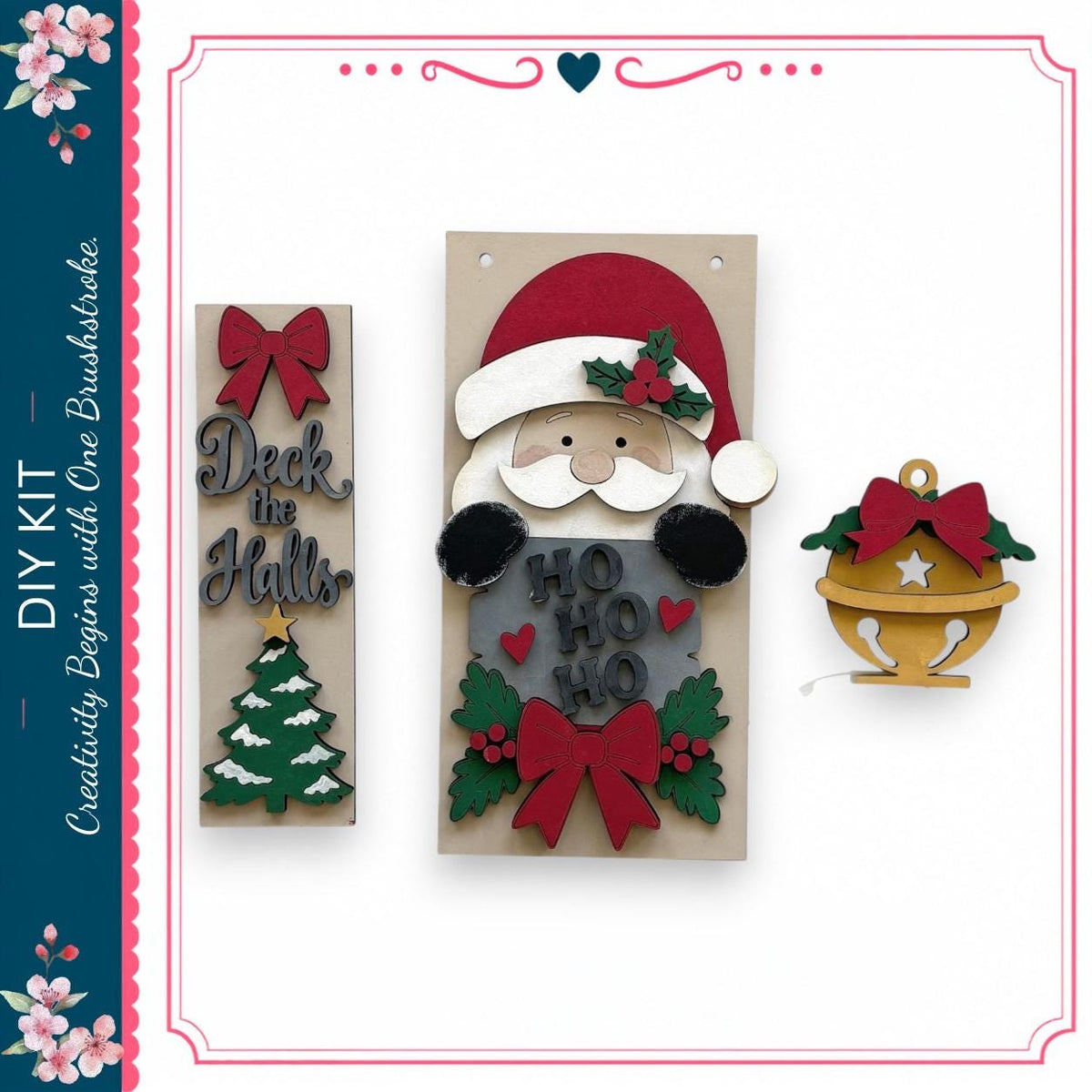 a DIY kit for creating Christmas decorations, including a wooden Santa Claus figure, a Christmas tree, and a bell ornament.