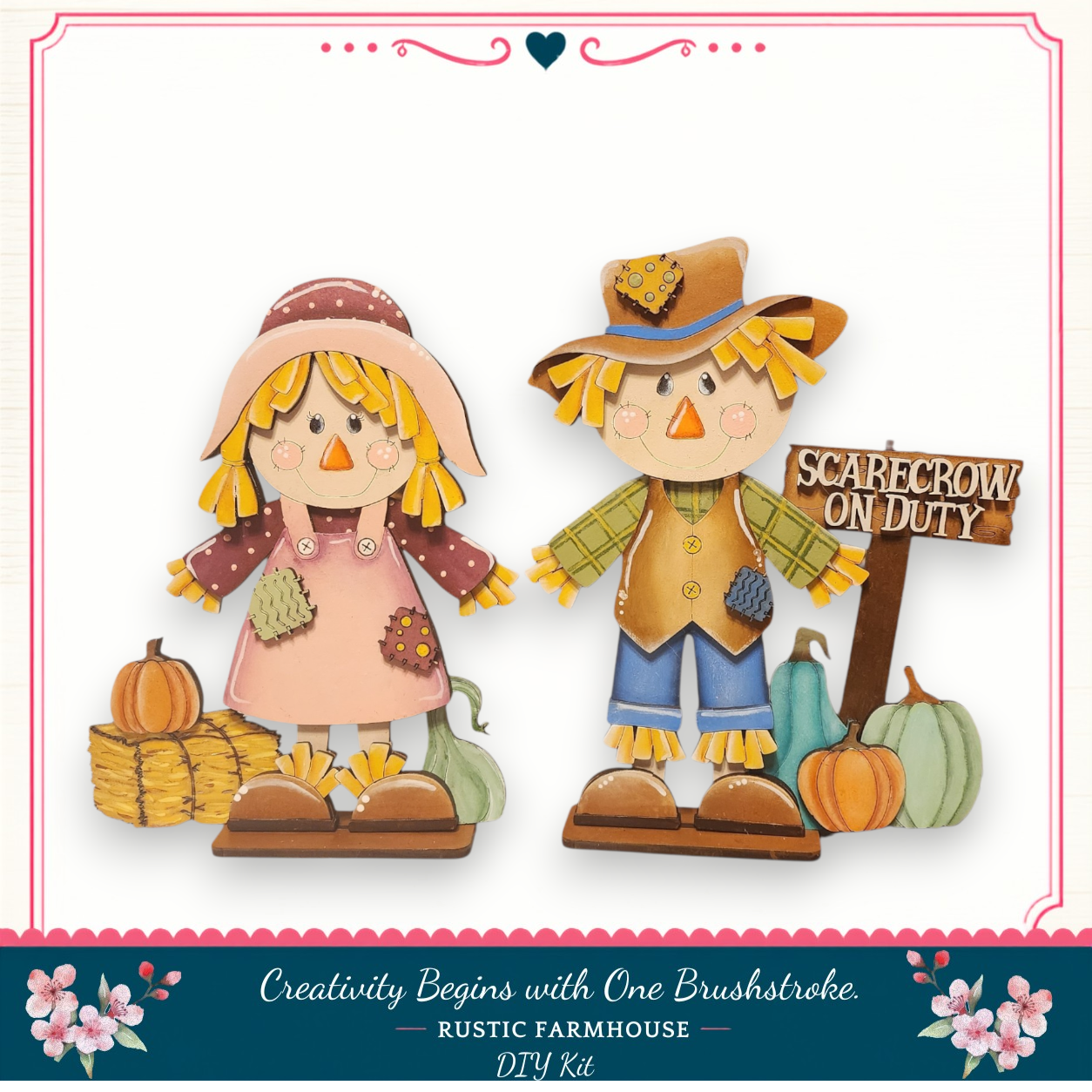 two scarecrow figures, one male and one female, standing next to each other with a sign that says "Scarecrow on Duty".