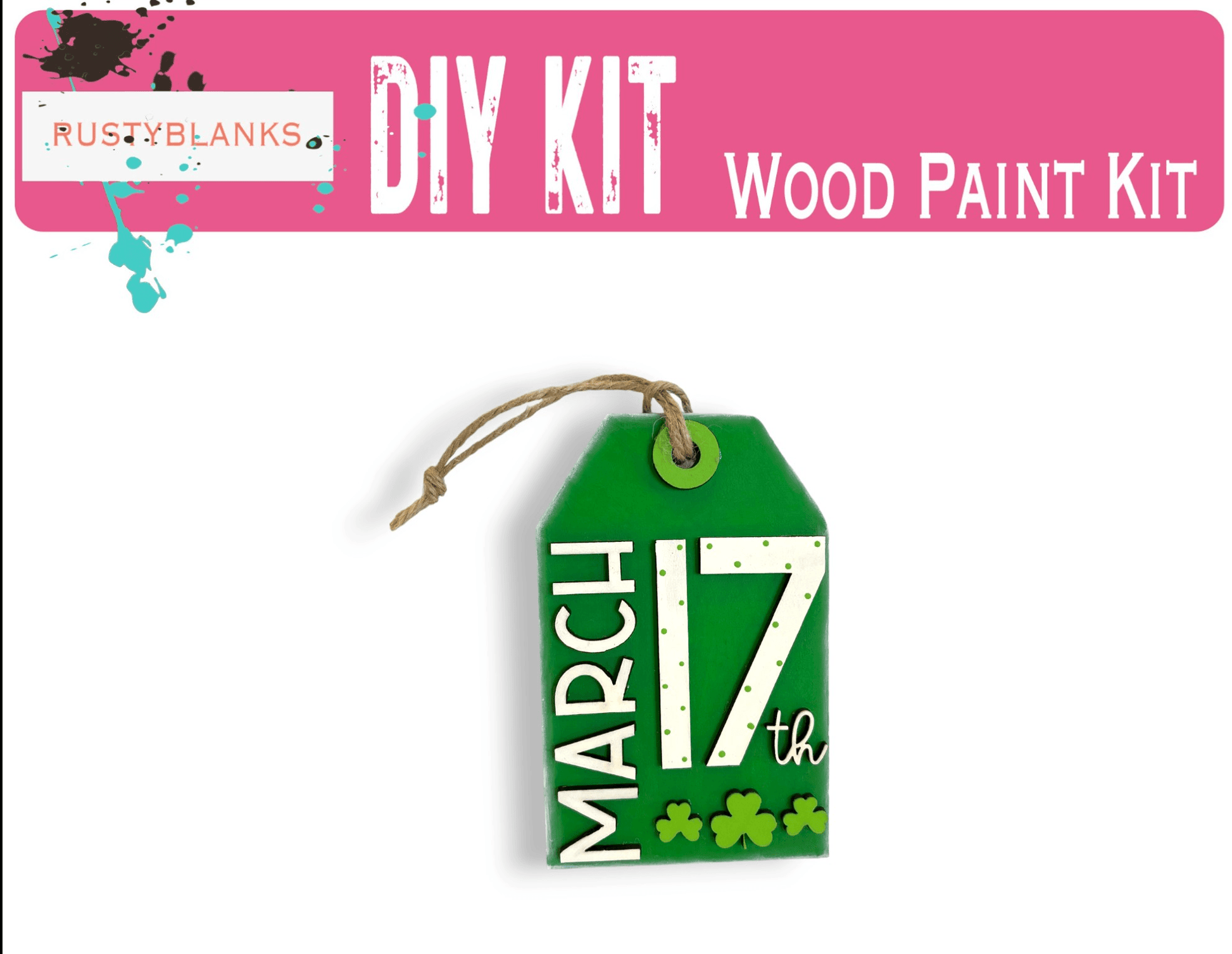 a wooden paint kit with a green tag