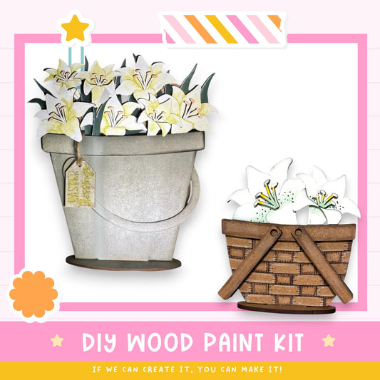 two wooden flower pots, one with a bucket and the other with a basket, both containing white lilies. The image also includes a DIY wood paint kit and a pink and white striped border.