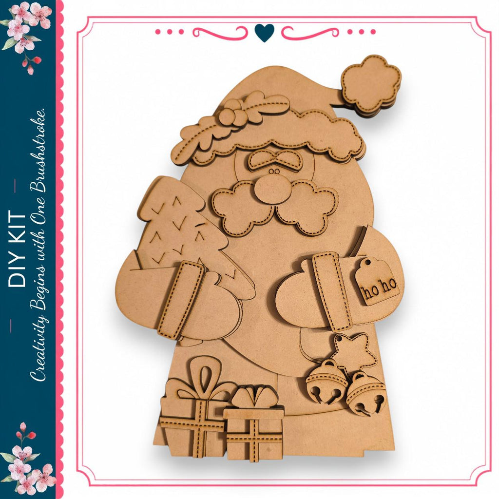 The image is a cardboard cutout of a Santa Claus figure, with various holiday-themed elements such as a Christmas tree, presents, and bells.