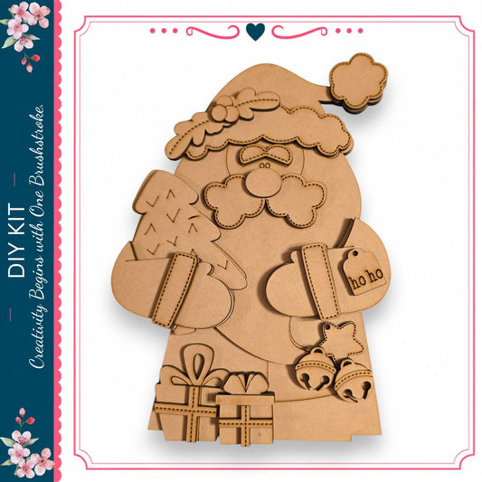 The image is a cardboard cutout of a Santa Claus figure, with various holiday-themed elements such as a Christmas tree, presents, and bells.