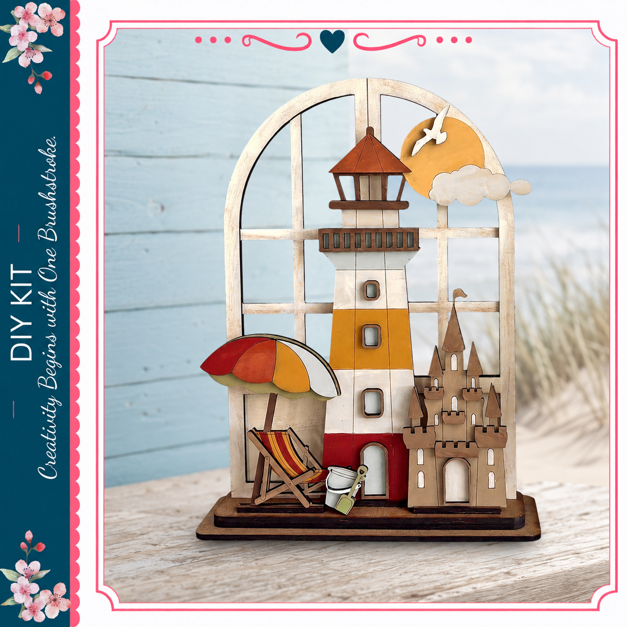 A wooden lighthouse with a castle, beach chair, and umbrella, set against a blue background with a white border.