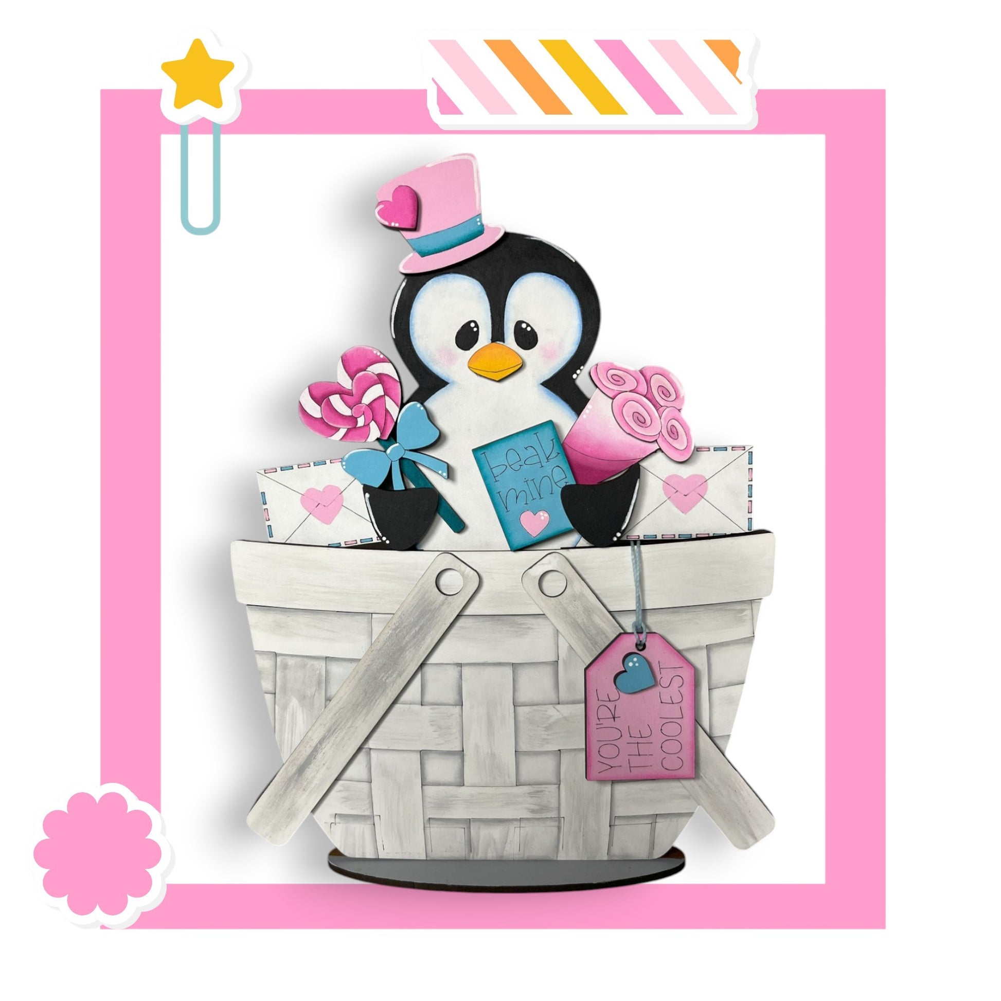 a penguin is sitting in a basket of presents