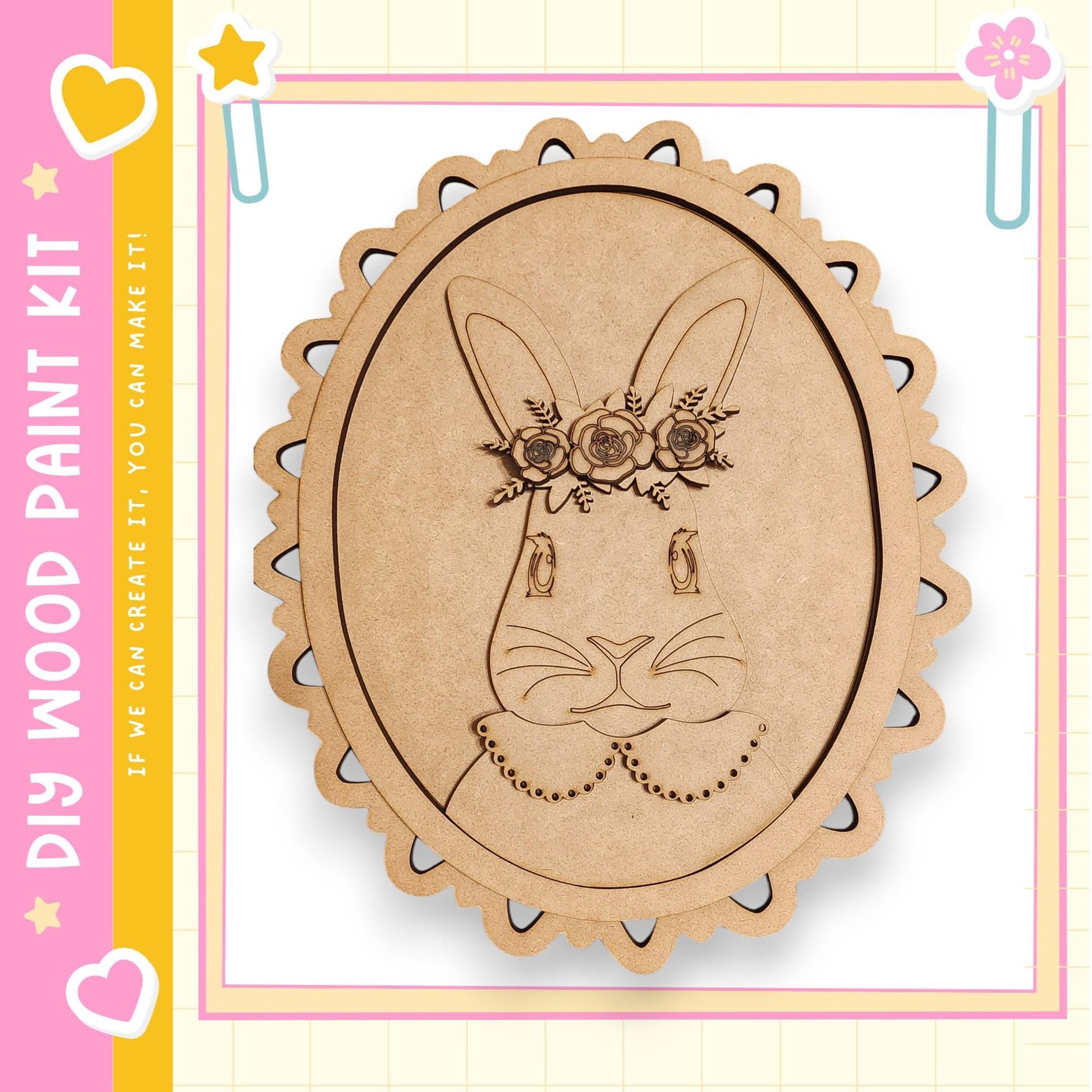 a wooden oval-shaped frame with a carved rabbit face on it, surrounded by a scalloped edge.